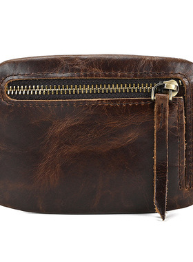 新款男士疯马皮零钱包简约小巧卡包头层牛皮拉链小钱袋插袋包