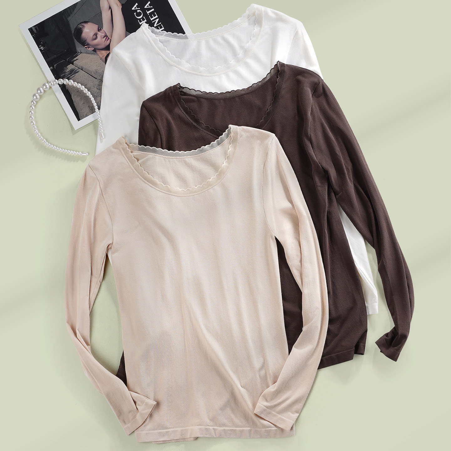 薄款蕾丝圆领基础打底保暖秋衣