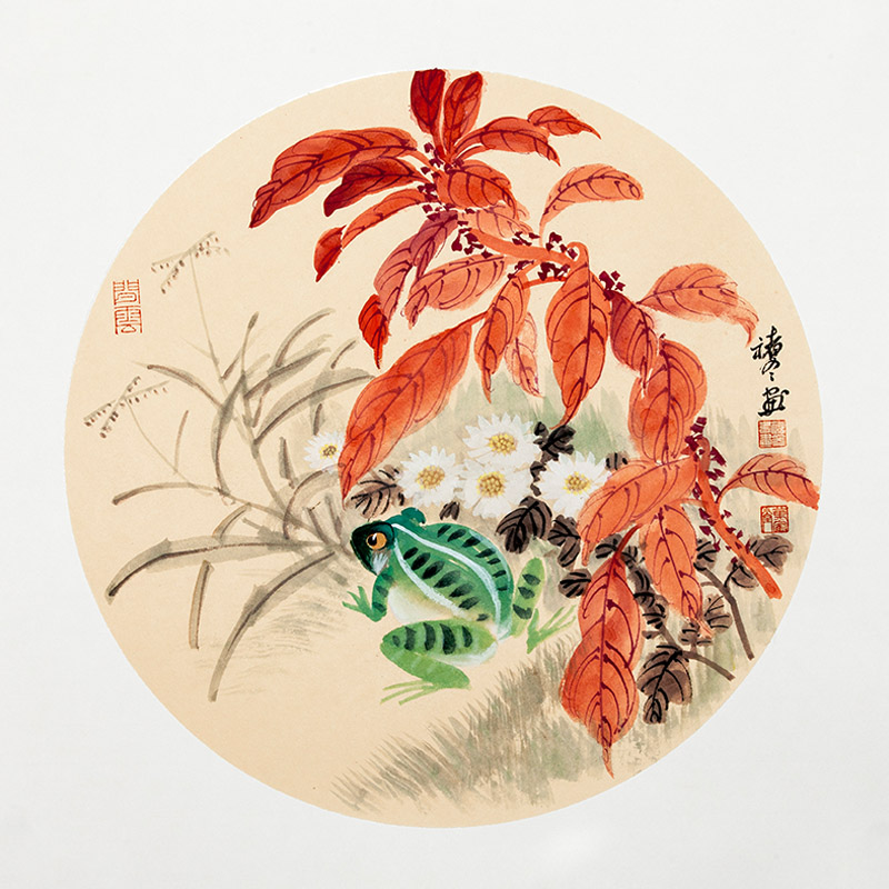 软卡纯手绘团扇面雁来红梅花紫藤牡丹萱花玉簪牡丹花鸟画图案真迹