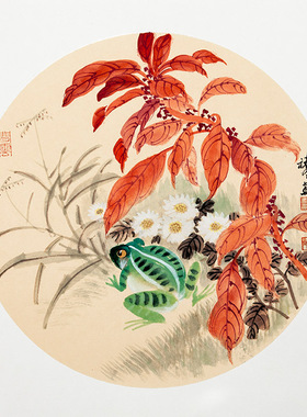 软卡纯手绘团扇面雁来红梅花紫藤牡丹萱花玉簪牡丹花鸟画图案真迹