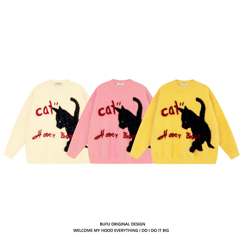 수십억 명의 소년 BUFU 전국 패션 브랜드 남성과 여성을 위한 게으른 스타일 고양이 스웨터 가을 겨울 달콤한 멋진 Y2K 핫 소녀 스타일 스웨터