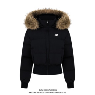 亿万少年BUFU冬季 毛领连帽棉服收腰显瘦高级感棉衣座山雕外套 短款