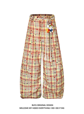 BUFU美式复古格子拼色休闲裤男女夏季薄款直筒宽松弯刀裤