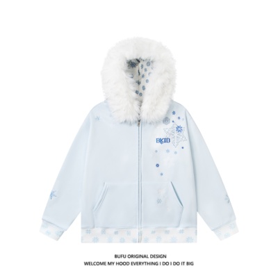 雪花刺绣加绒加厚毛领卫衣外套