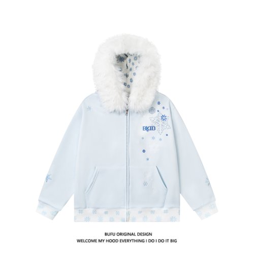 雪花刺绣加绒加厚毛领卫衣外套