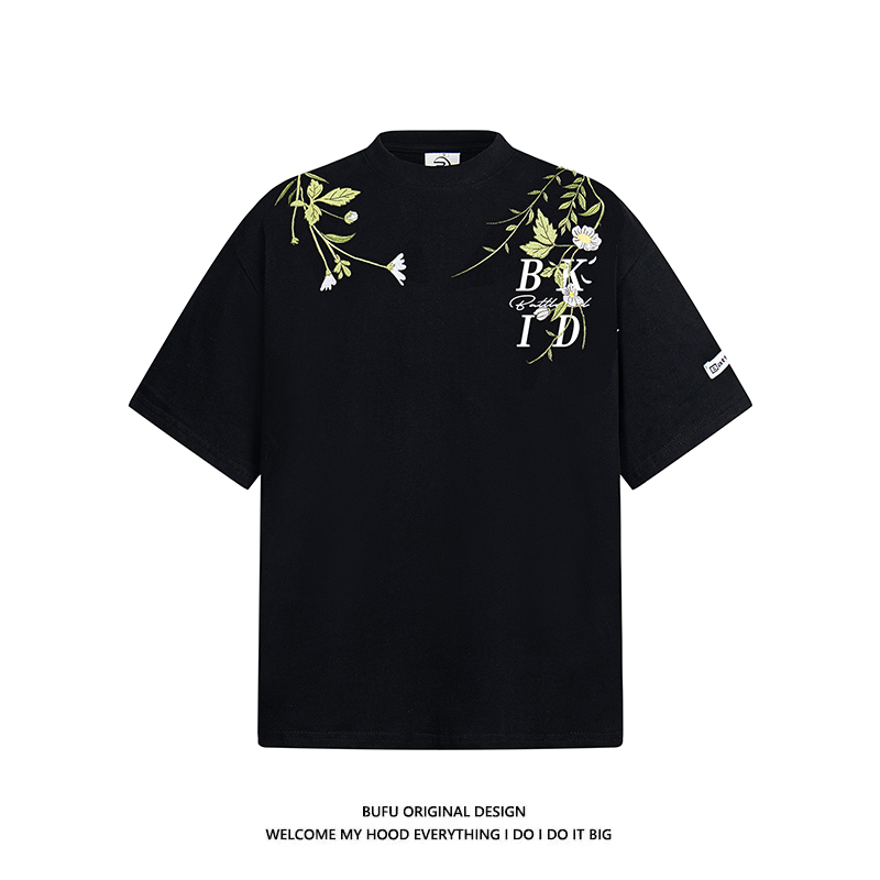 美式花卉刺绣高街短袖T恤男女tee