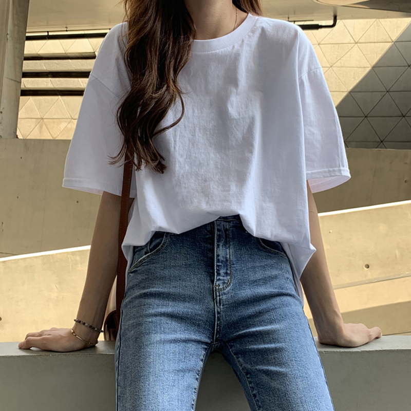 新款全棉白色短袖t恤女夏季韩版大码宽松显瘦百搭纯棉打底衫上衣
