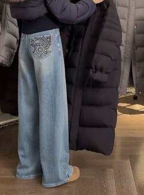 宿慕SUMU新款时尚加绒加厚阔腿牛仔裤11-17冬季百搭直筒裤35096