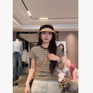 宿慕SUMU 夏季新款韩版时尚百搭圆领短袖条纹T恤上衣26250