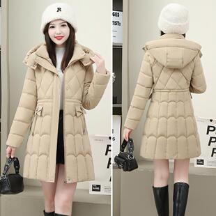 连帽纯色收腰显瘦小个子棉衣外套 中长款 保暖棉服女2025年新款 冬季