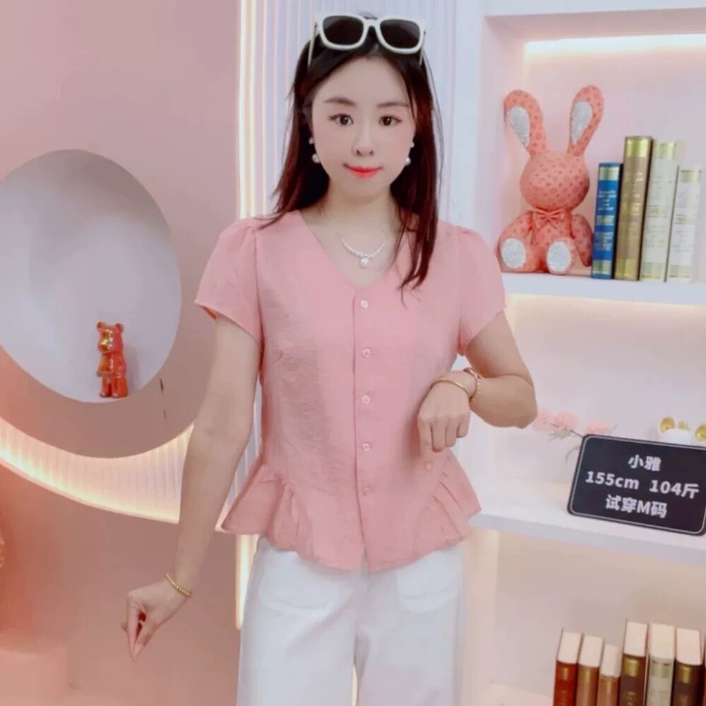 2026夏季新款韩式V领短袖衬衫女荷叶边显瘦百搭时髦洋气减龄上衣