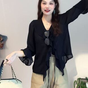 韩版时尚气质超仙雪纺衫荷叶边防晒衬衫女夏季长袖外搭开衫上衣潮