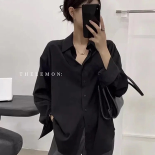 黑色垂感气质衬衫女防晒衫春秋韩系复古高级感冷淡风宽松显瘦衬衣