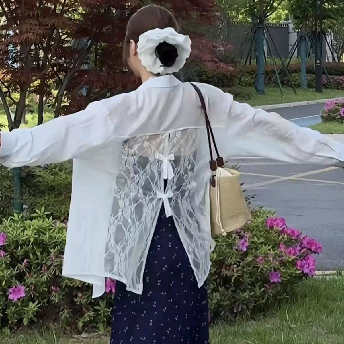 大码胖mm韩版气质ol衬衫女夏季薄款长袖防晒衬衣外套蕾丝上衣开衫