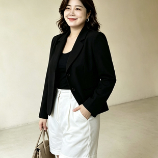 韩系春秋设计感小西装短款外套女胖mm大码长袖小西服上衣200斤潮
