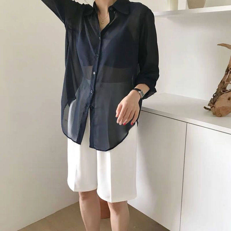 大码胖mm夏季港风中长款雪纺衬衫女外搭防晒衫衬衣薄外套300斤潮