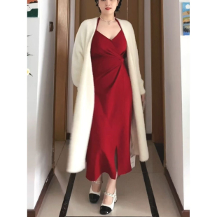 秋冬软糯仿水貂绒毛衣女中长款过膝针织开衫宽松风衣外搭披肩大衣