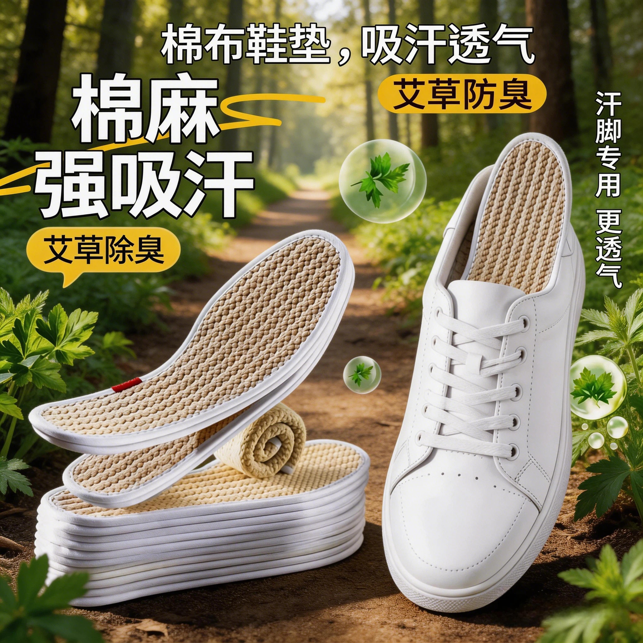 艾草棉麻防臭鞋垫男女士软底强吸汗透气除臭留香汗脚不粘脚夏天