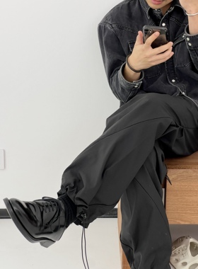 MESSIER打褶螺旋拉鏈調節抽绳鬆緊宽松速刺綉气夏季休闲运动長裤