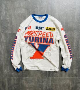 YURINA AOKI 23AW 蓝白手绘水洗复古赛车防晒宽松潮流男女长袖T恤