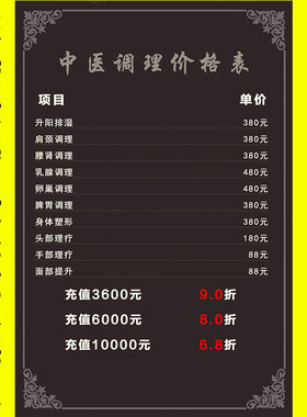 中医养生馆理疗馆SPA会所宣传画装饰画挂画价格表价目表600