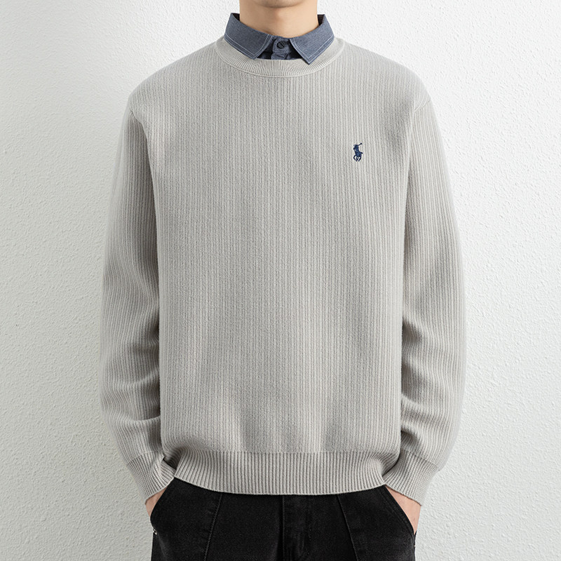 雅鹿简单刺绣假两件带领毛衣男商务衬衫领内搭打底针织衫厚毛线衣