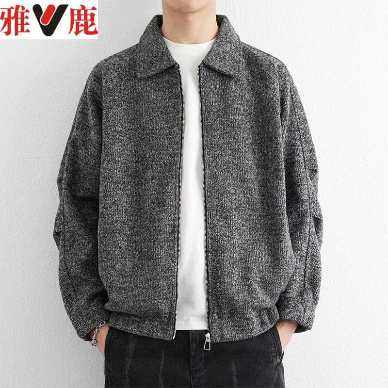 雅鹿男装时尚翻领带领拉链开衫毛衣外套男针织衫毛线衣外套宽松帅