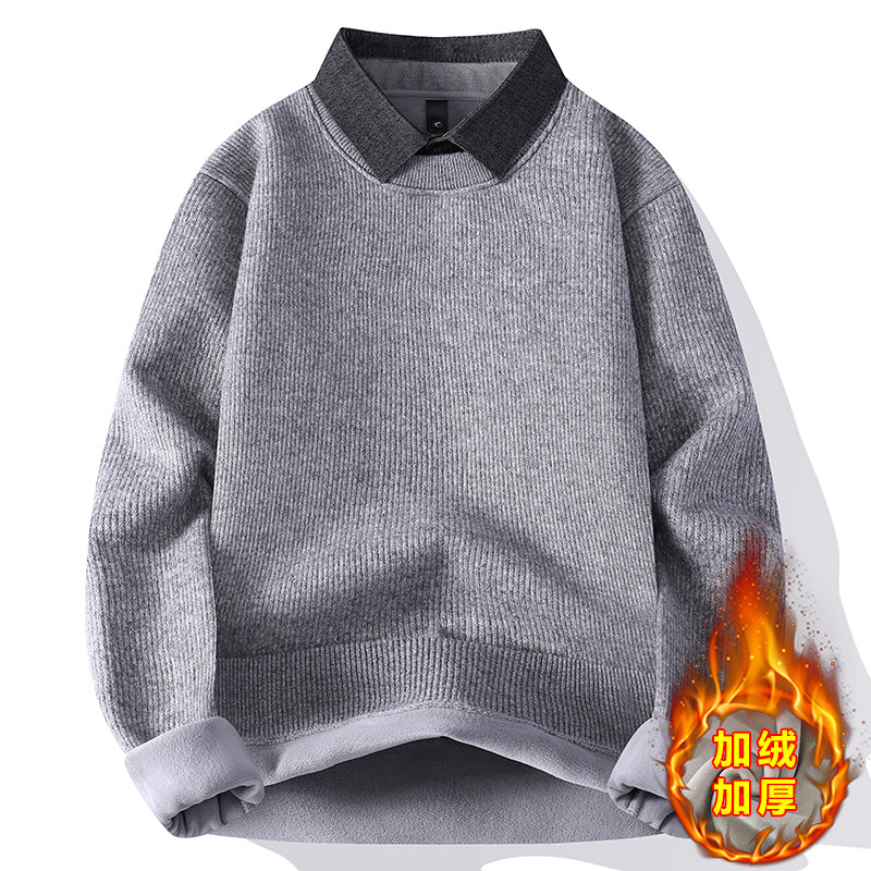 雅鹿不起球柔软带领假两件毛衣男保暖一体绒加绒厚打底针织衫线衣