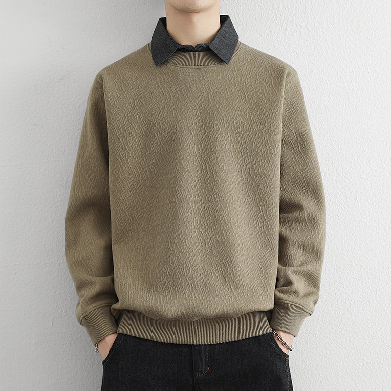 雅鹿不起球一体绒加绒带领假两件外穿卫衣男毛衣商务打底衫线衣厚