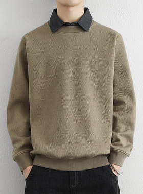 雅鹿不起球一体绒加绒带领假两件外穿卫衣男毛衣商务打底衫线衣厚