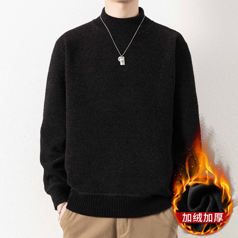 雅鹿不起球仿貂绒半高领中领毛衣男加绒加厚一体绒打底针织衫线衣