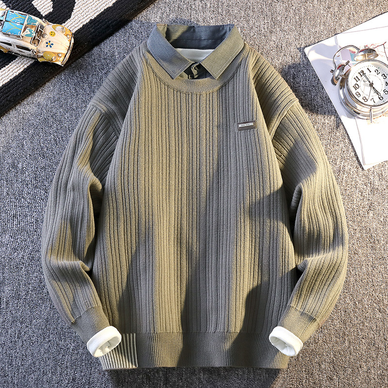 雅鹿不起球条纹假两件带领套头毛衣男外穿内搭打底针织衫毛线衣厚
