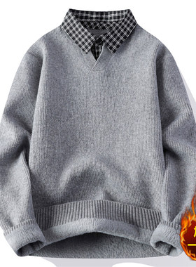 雅鹿柔软羊毛衫一体绒加绒毛衣男衬衫领假两件针织衫厚款打底衫帅