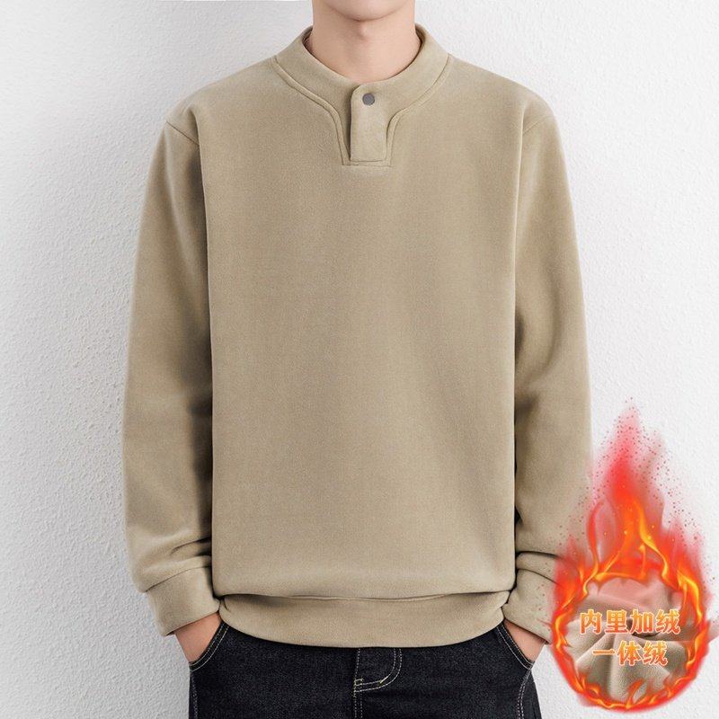 雅鹿纽扣领子加绒加厚款套头卫衣男保暖外穿上衣冬装打底衫时尚帅
