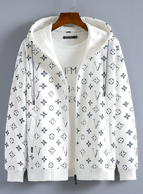 2025棉料春秋款宽松休闲印花拉链开衫连帽卫衣男外套潮流柔软夹克