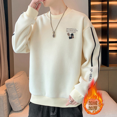 加绒羊羔绒圆领卫衣男秋冬款加厚潮牌青少年初中高中学生长袖t恤