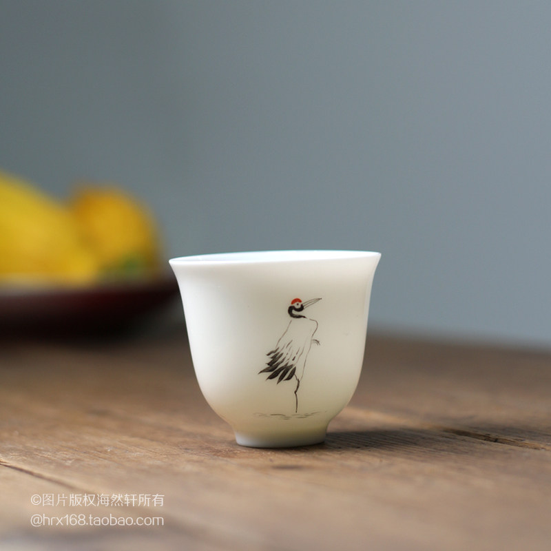 景德镇手工陶瓷功夫茶具 手绘薄胎仙鹤品茗杯主人杯功夫杯小茶碗