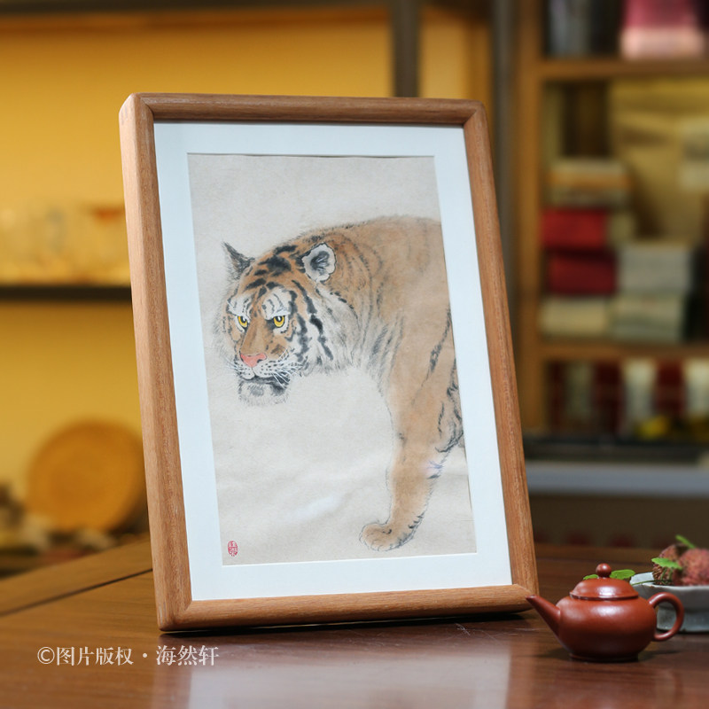 手绘写意兼工笔老虎字画摆台茶台装饰摆件茶室新中式挂画 下山虎
