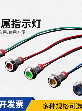 小型LED金属信号电源指示灯防水6/8/10/12mm带线发光二级面板6v24