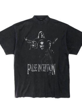 False Inception挪威黑金属1349乐队vintage洗水灰小领口短袖T恤