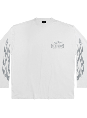 False Inception米灰色火焰做旧恶搞哈雷百搭小领口长袖T恤