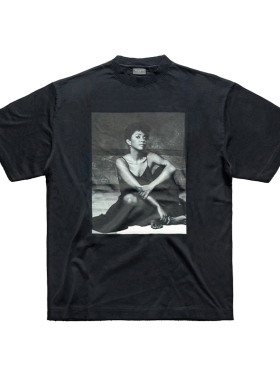 JERRY同款False Inception水洗黑康丽直喷人像小领口短袖夏季T恤