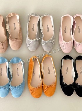 韩国浅口平底鞋女鞋绒面粉色芭蕾鞋橙色鞋法式鞋子女圆头通勤单鞋