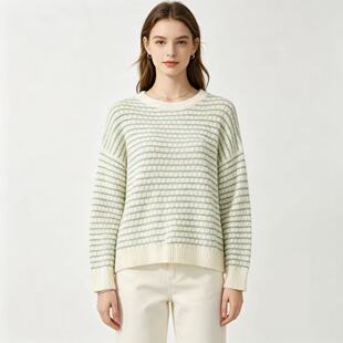 S2365外贸欧美条纹针织衫女新款圆领落肩宽松镂空软糯套头毛衣