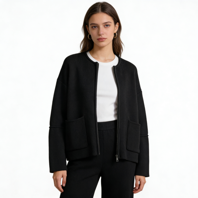 A5296外贸日单女士针织开衫新款半圆领拉链宽松休闲毛衣外套