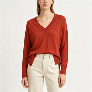 M2233外贸欧美V领针织衫女薄款宽松落肩前短后长开叉慵懒风上衣