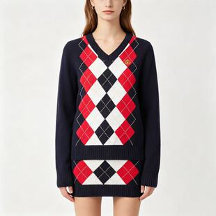 H0359外贸韩版学院风V领菱格毛衣女新款撞色套头百搭休闲针织衫