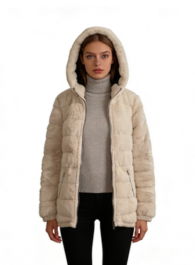 D6353外贸欧美亲子装毛绒加厚棉衣冬款连帽可两面穿拼色女士棉服