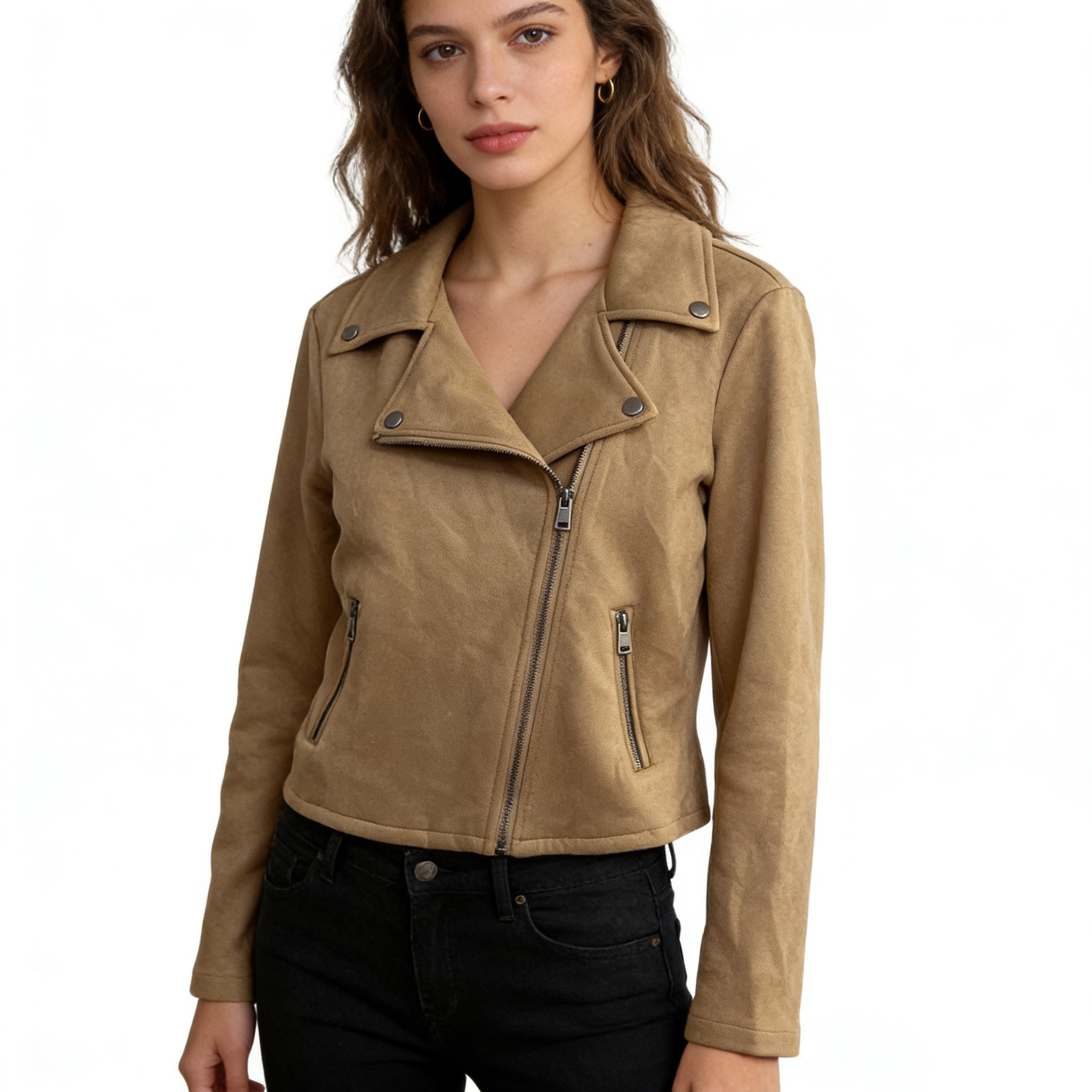 F5465外贸欧美单时尚女士外套新款翻领拉链宽松短款鸡皮绒上衣 - 女神外贸出品