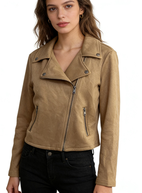 F5465外贸欧美单时尚女士外套新款翻领拉链宽松短款鸡皮绒上衣